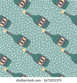 Doodle green glass bottle seamless pattern. Creative alcohol bottles.  Modern vector illustration