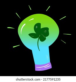 Doodle green lamp with clover icon. Colourful illustration on black background.