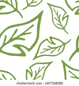 Doodle green leaf seamless pattern isolated on white. Outline leaves. Kids hand drawing line art. Sketch vector stock  illustration