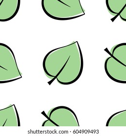 Doodle green leaves seamless pattern. Vector hand drawn illustration