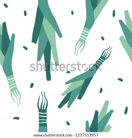 Doodle green leek vector seamless pattern. Hand drawn texture for kitchen wallpaper, textile, fabric, paper. Food background. Flat vegetables on white. Vegan, farm, natural