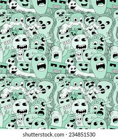 Doodle green monsters seamless pattern. Vector illustration.