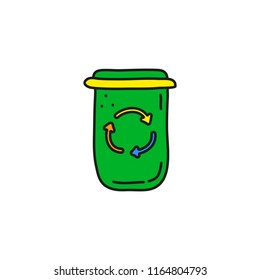 Doodle green recycle bin for trash and waste isolated on white background.