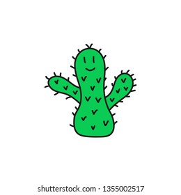 Doodle green smiley cactus isolated on white background.