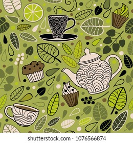 Doodle green tea seamless pattern. Cups, teapot, cakes and leaves vector image.