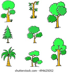Doodle of green tree different vector flat