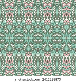 Doodle grüne Vintage geometrische Muster für Stoff. Abstrakte ethnische Stämme geometrische farbige nahtlose Muster Zierbild. Natürliche gedämpfte Farben