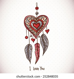 Doodle Greeting Card with Dream catcher and heart, vector illustration