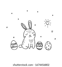 Doodle greeting card for Easter. Rabbit and eggs with heart.