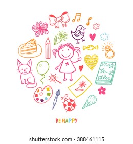 Doodle greeting card with happy girl and her toys and tools