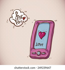 Doodle Greeting Card Valentine's Day with a pretty pink phone, vector illustration