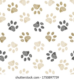 Doodle grey and gold paw print seamless fabric design repeated pattern background