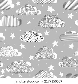 Doodle grey sky. Seamless childish simple pattern for kids with cute clouds and stars in Scandinavian style. Bright Wallpaper for Kids Fashion, Nursery, Baby Shower design