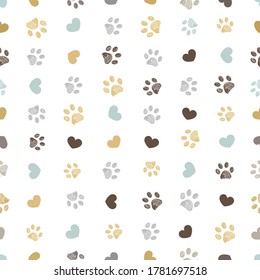 Doodle grey, yellow, turquoise small paw prints with hearts seamless fabric design pattern vector