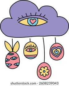 doodle groovy boho easter clip art. Whimsical cloud with colorful hanging eggs and a large eye motif. in color line style