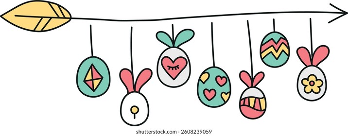 doodle groovy boho easter clip art. Colorful Easter eggs with bunny ears hanging on a decorative line. in color line style