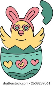 doodle groovy boho easter clip art. Cute chick in a colorful egg wearing bunny ears and heart-shaped glasses. in color line style