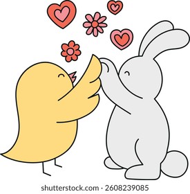 doodle groovy boho easter clip art. Cute bird and rabbit sharing love with hearts and flowers. in color line style