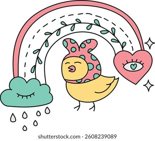 doodle groovy boho easter clip art. Colorful cartoon chicken under a rainbow with clouds and heart elements. in color line style