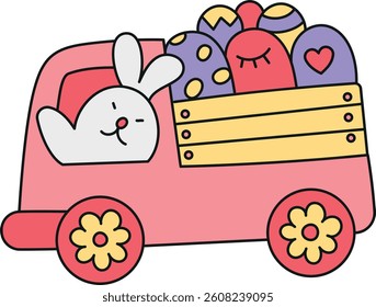 doodle groovy boho easter clip art. Cute rabbit driving a colorful truck filled with Easter eggs. in color line style