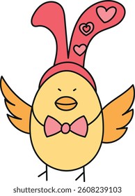 doodle groovy boho easter clip art. Cute chick wearing a bunny hat and bow tie with hearts. in color line style