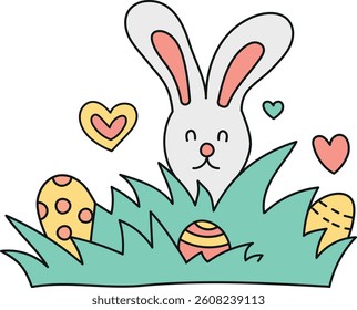 doodle groovy boho easter clip art. Cute bunny with Easter eggs in colorful grass and hearts. in color line style