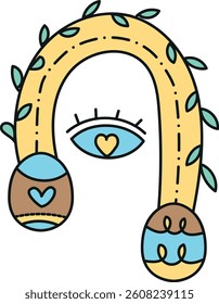 doodle groovy boho easter clip art. Colorful illustration of a whimsical lucky charm with hearts and leaves. in color line style