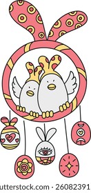 doodle groovy boho easter clip art. Two whimsical birds in a decorative hanging ornament with Easter eggs. in color line style