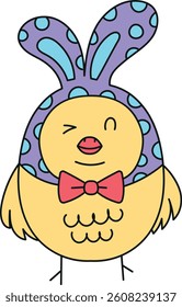doodle groovy boho easter clip art. Cute chick with bunny ears and a bow tie, winking playfully. in color line style