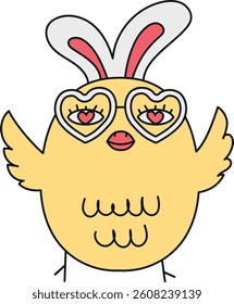 doodle groovy boho easter clip art. Cute cartoon bird with bunny ears and heart-shaped glasses. in color line style