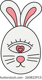 doodle groovy boho easter clip art. Cartoon-style rabbit with a heart and unique eye design. in color line style