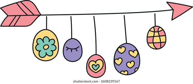 doodle groovy boho easter clip art. Colorful Easter eggs hanging from an arrow-shaped banner. in color line style
