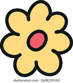 doodle groovy boho easter clip art. Bright yellow flower with a red center and simple outline design. in color line style