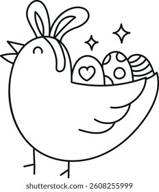 doodle groovy boho easter clip art. Chick with colorful eggs, radiating a cheerful vibe. in thin line style