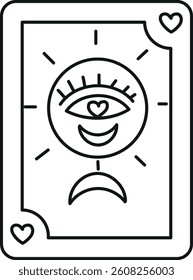 doodle groovy boho easter clip art. A tarot card illustration featuring an eye, heart, and moon symbols. in thin line style