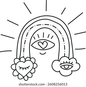 doodle groovy boho easter clip art. Colorful illustration featuring hearts and eyes with a rainbow. in thin line style