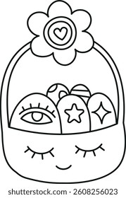 doodle groovy boho easter clip art. A cute bag filled with decorative elements and a smiling face. in thin line style