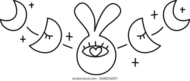 doodle groovy boho easter clip art. Cute bunny character surrounded by crescent moons and stars. in thin line style