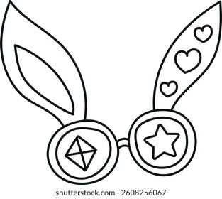 doodle groovy boho easter clip art. Stylish bunny-shaped glasses with decorative ears and patterns. in thin line style