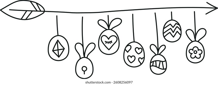 doodle groovy boho easter clip art. Easter-themed decorations with hanging eggs and a leaf arrow. in thin line style
