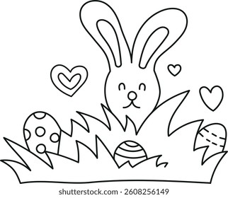 doodle groovy boho easter clip art. Bunny with Easter eggs surrounded by grass and hearts. in thin line style