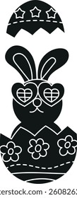 doodle groovy boho easter clip art. Easter bunny with heart-shaped glasses in an egg design. in glyph black style