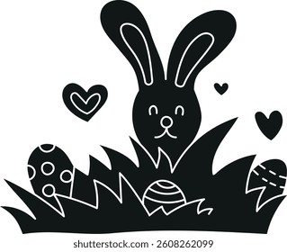 doodle groovy boho easter clip art. Playful bunny among colorful eggs and hearts in grass. in glyph black style