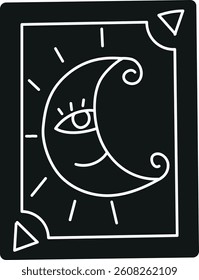 doodle groovy boho easter clip art. Moon and eye illustration on a black card with decorative elements. in glyph black style