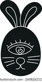 doodle groovy boho easter clip art. Bunny illustration with a unique eye design and heart-shaped features. in glyph black style