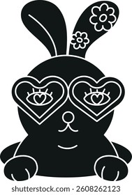 doodle groovy boho easter clip art. Cute rabbit with heart-shaped glasses and floral accents. in glyph black style