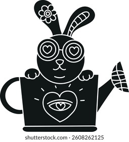 doodle groovy boho easter clip art. Cute rabbit in a watering can with heart design and glasses. in glyph black style