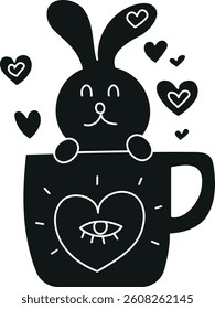 doodle groovy boho easter clip art. Cute rabbit popping out of a cup with hearts around it. in glyph black style
