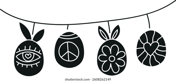 doodle groovy boho easter clip art. Decorative hanging eggs with unique designs and patterns. in glyph black style