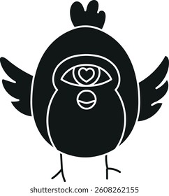 doodle groovy boho easter clip art. Cute cartoon bird design with heart-shaped features and wings. in glyph black style